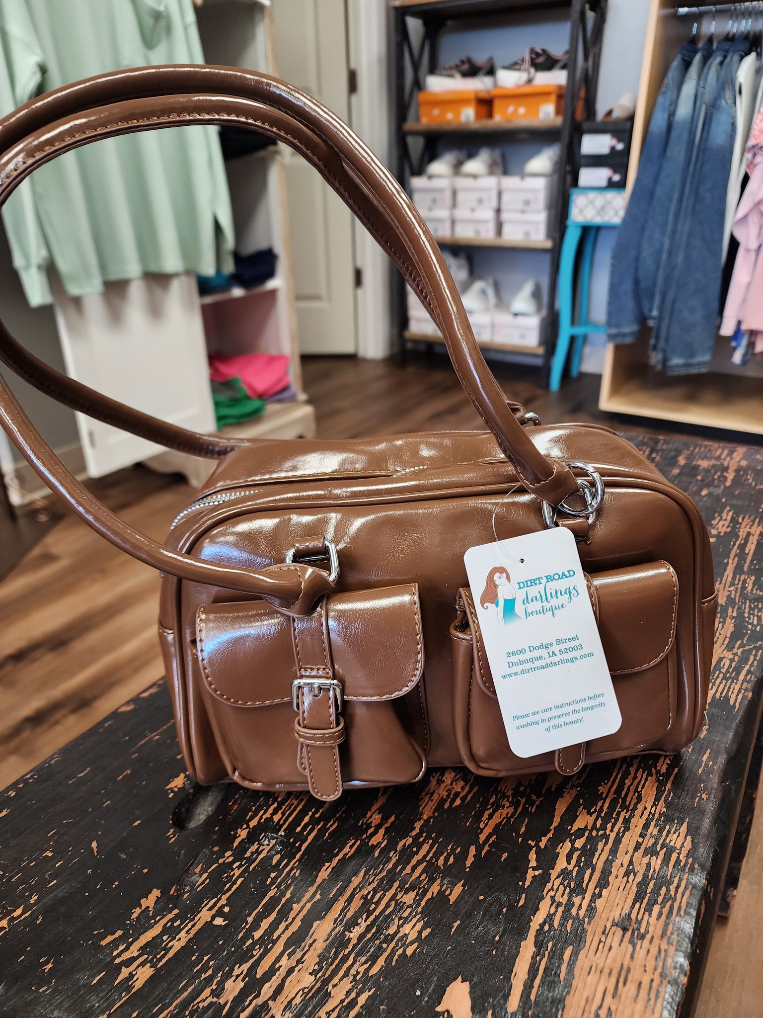 Brown patent satchel