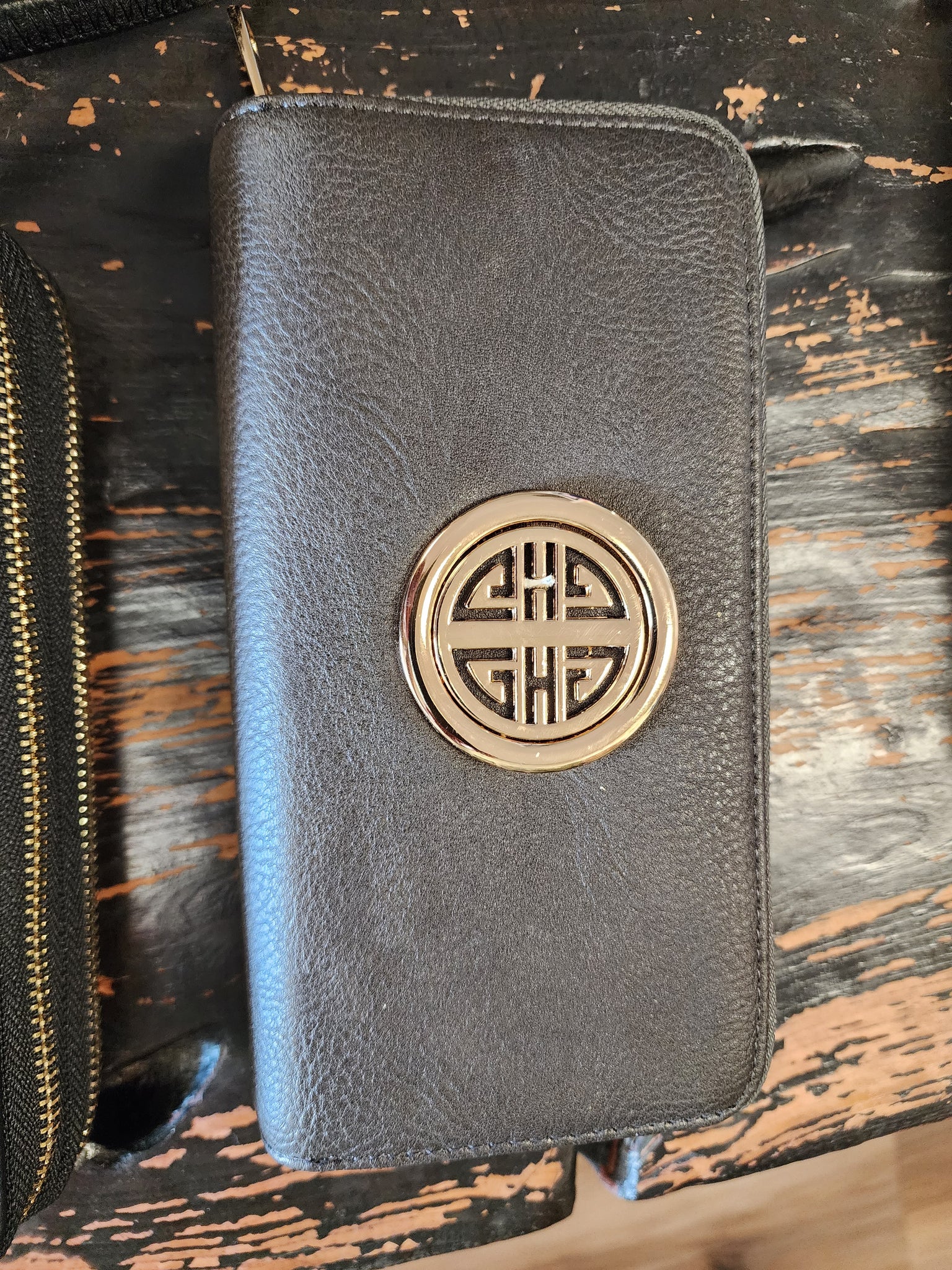 Double zip gold logo wristlet/wallet