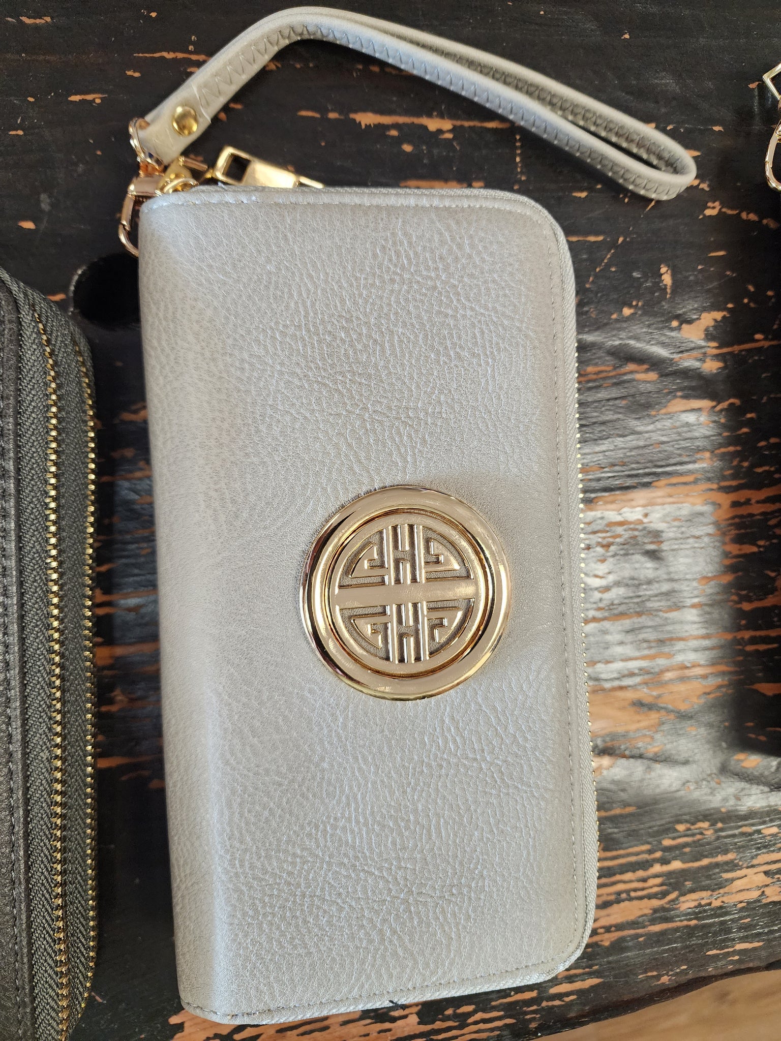 Double zip gold logo wristlet/wallet