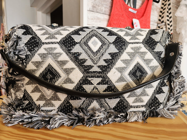 Boho Embroidered fringe aztec print bag